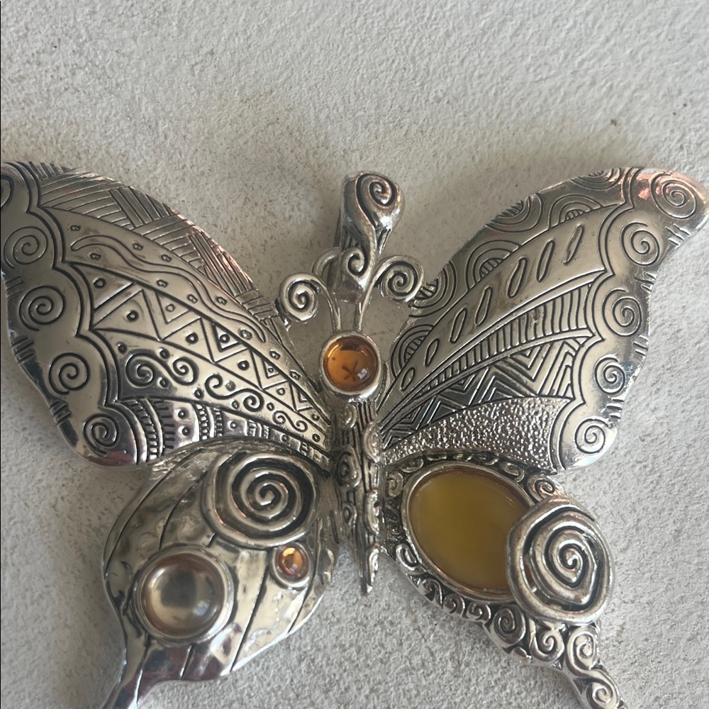 Silver and Amber Butterfly Brooch